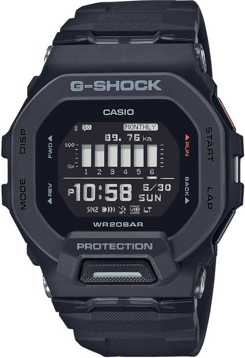 Schwarze G-Shock-Uhr mit digitalem Display, Casio-Logo, Monatsanzeige, km-Anzeige, Schutz