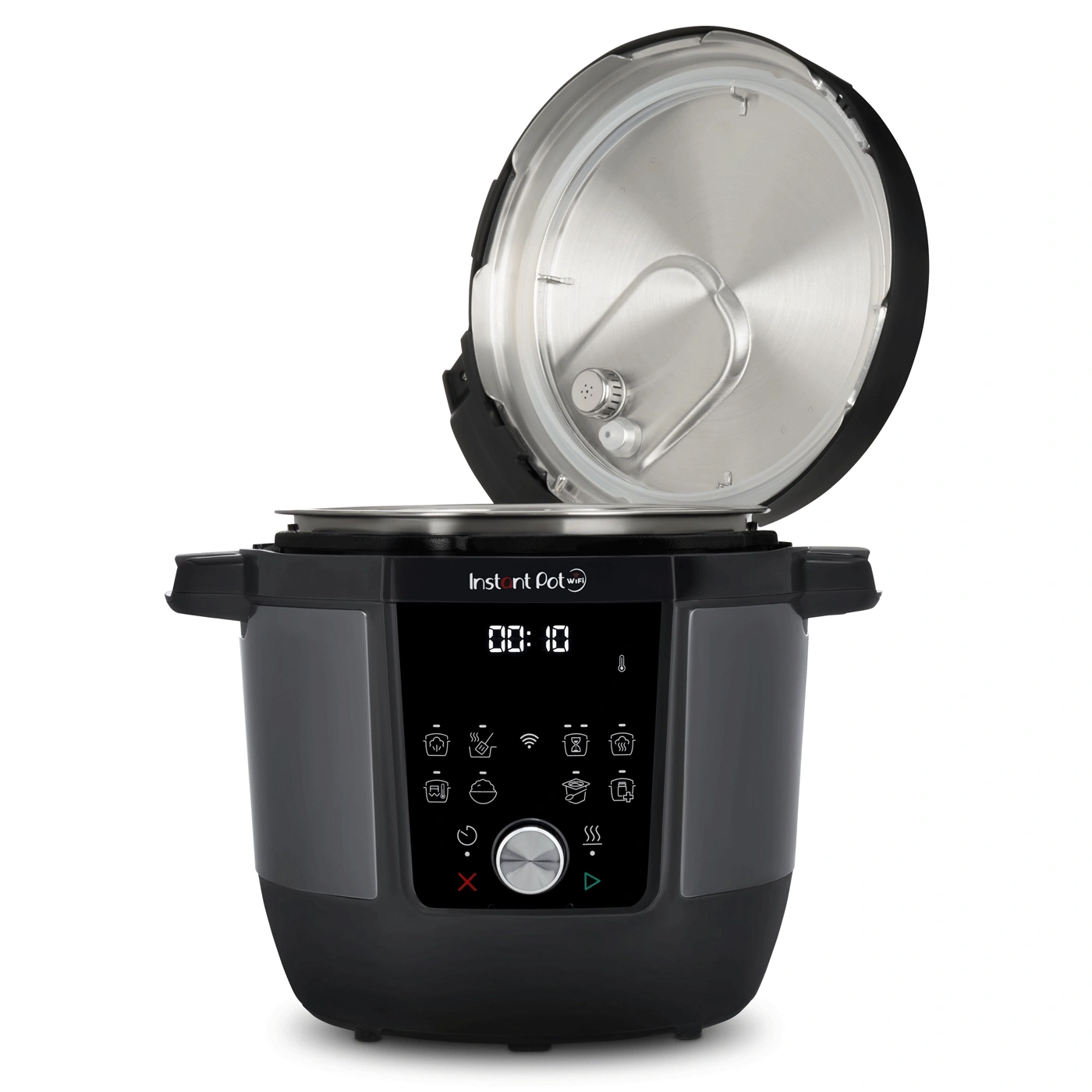 Ein offener schwarzer Instant Pot mit einem digitalen Display und Kochsymbolen.