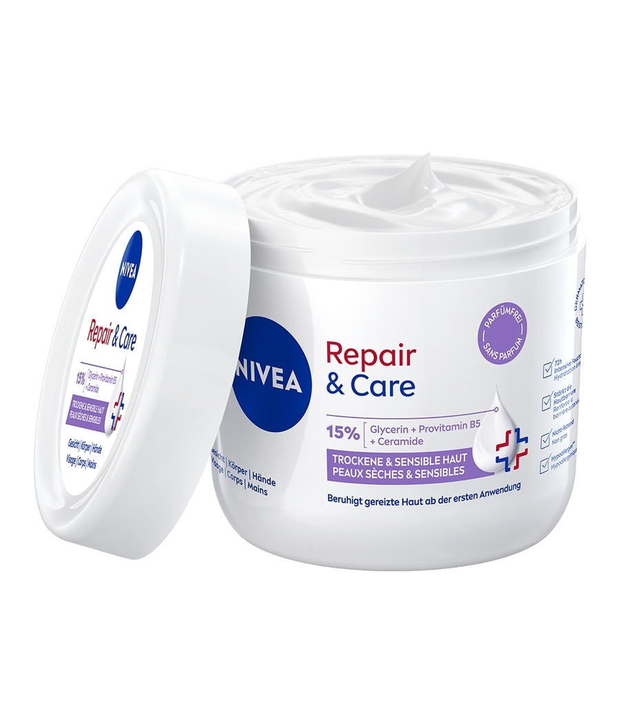 Nivea Repair & Care Creme, für trockene und sensible Haut, ohne Parfum, 15% Glycerin
