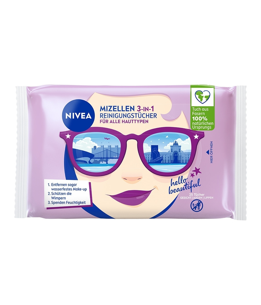 NIVEA Mizellen Reinigungstücher, 3-in-1, für alle Hauttypen, entfernt Make-up, schützt Wimpern, spendet Feuchtigkeit.