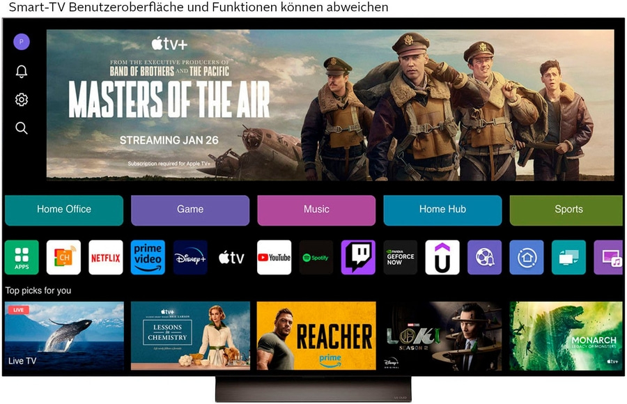 Smart-TV-Oberfläche mit Apps, Filmen und Serien. Apple TV+ und Prime Video.