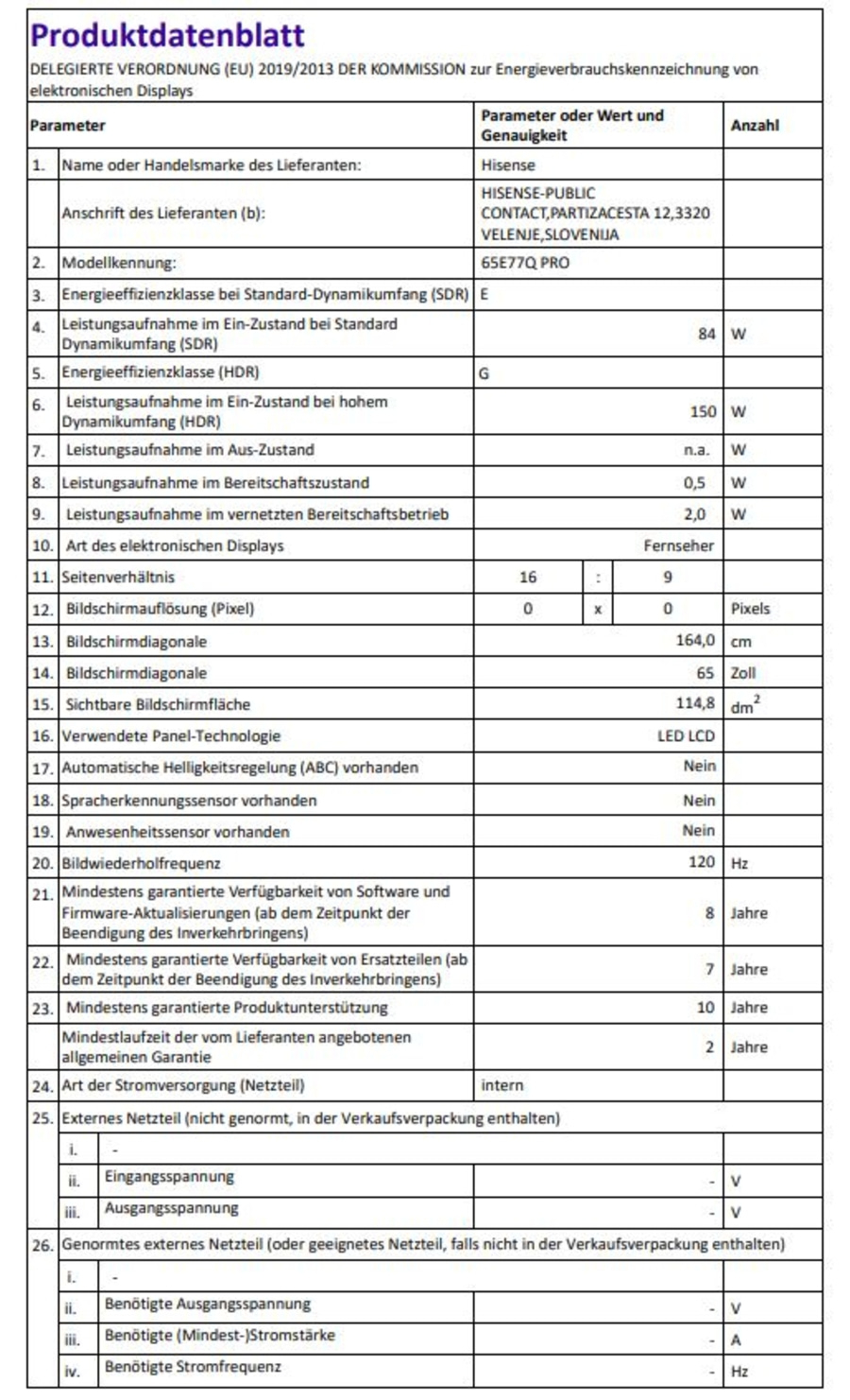 Produktdatenblatt: Energieeffizienz, Bildschirmdiagonale, Stromverbrauch, Herstellerinformationen.