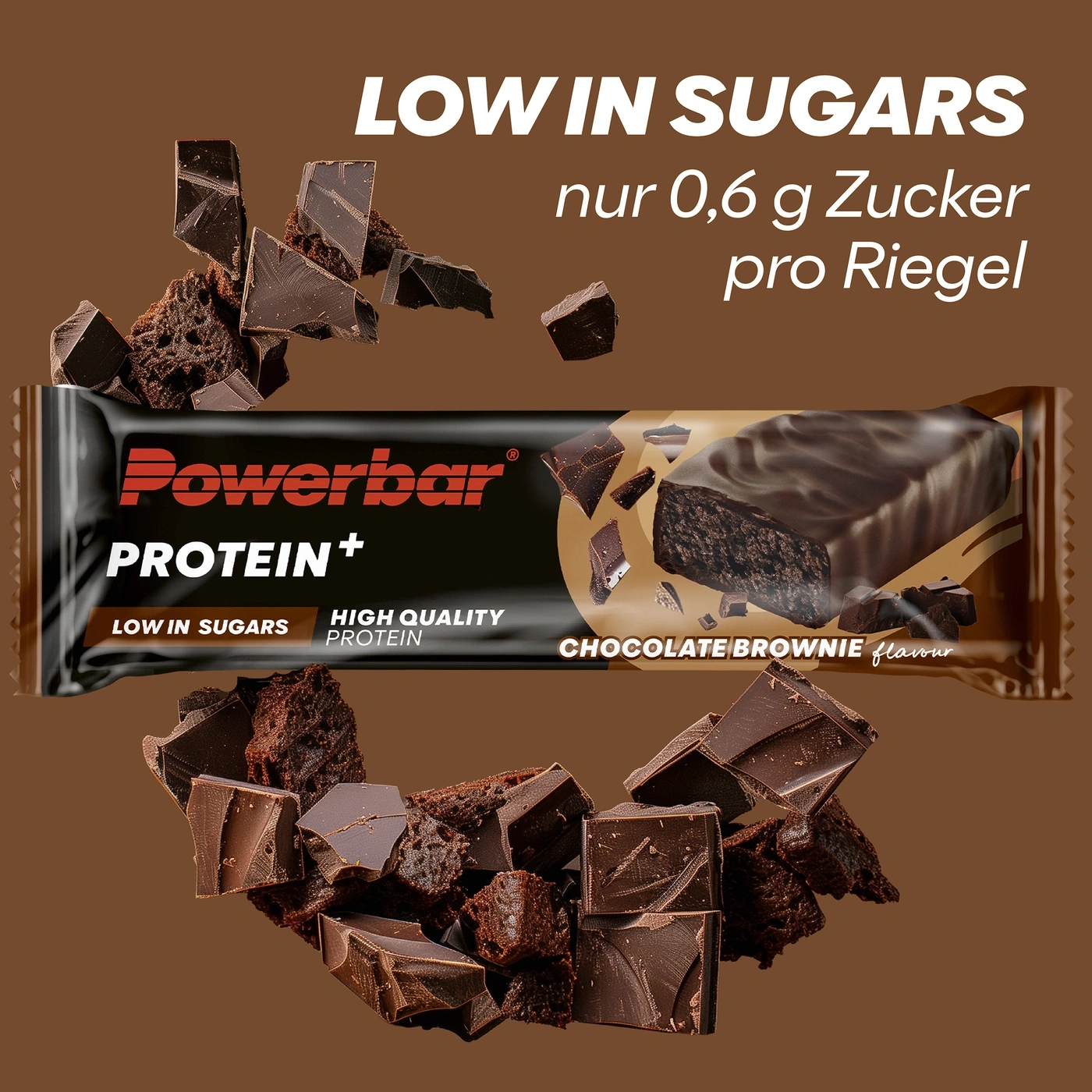 Powerbar Protein Riegel mit Schokoladenstückchen, low in sugar.