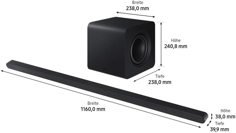Maße von Soundbar und Subwoofer mit Beschriftungen