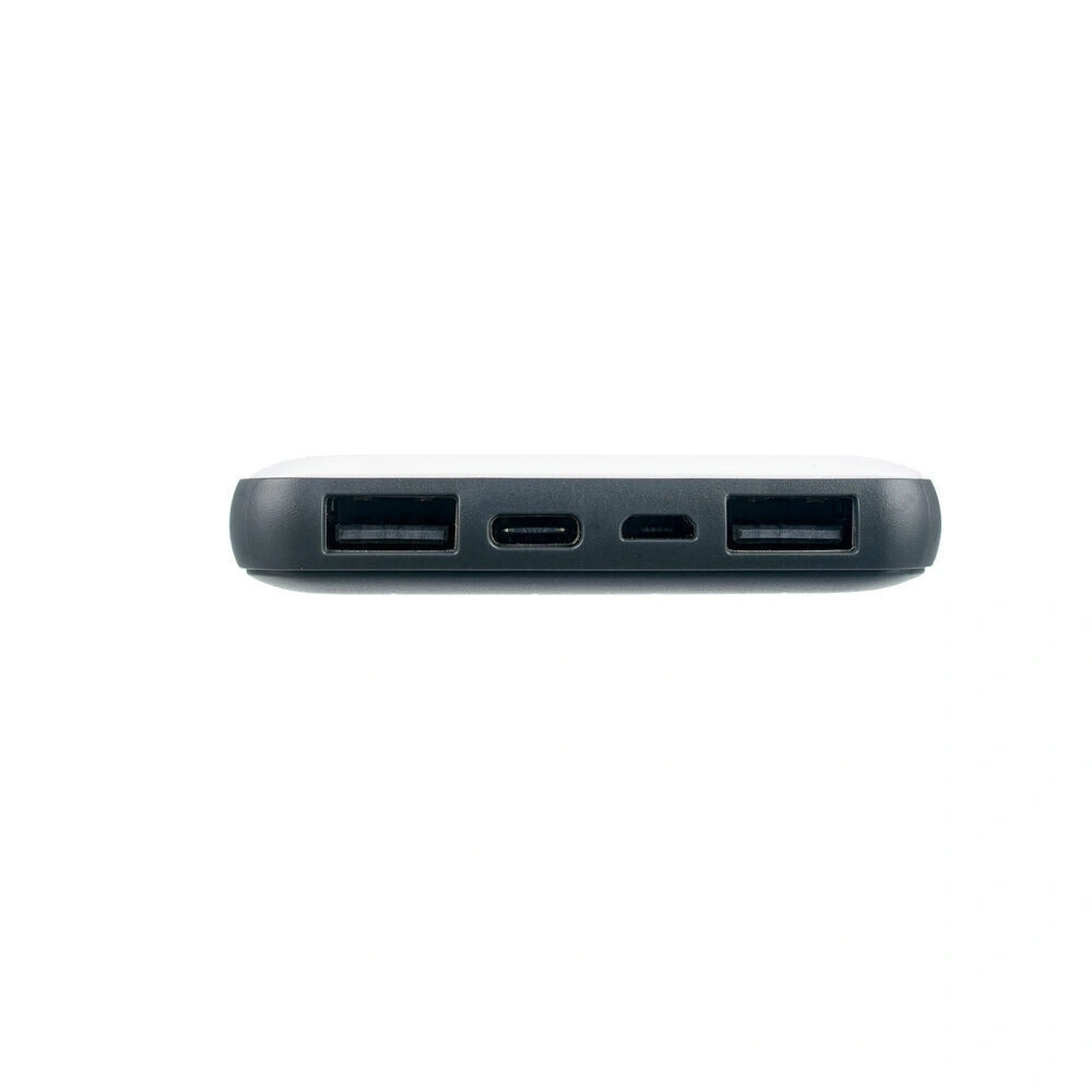 Powerbank mit USB-Anschlüssen und Ladeanschluss, weißes Gehäuse, schwarze Details