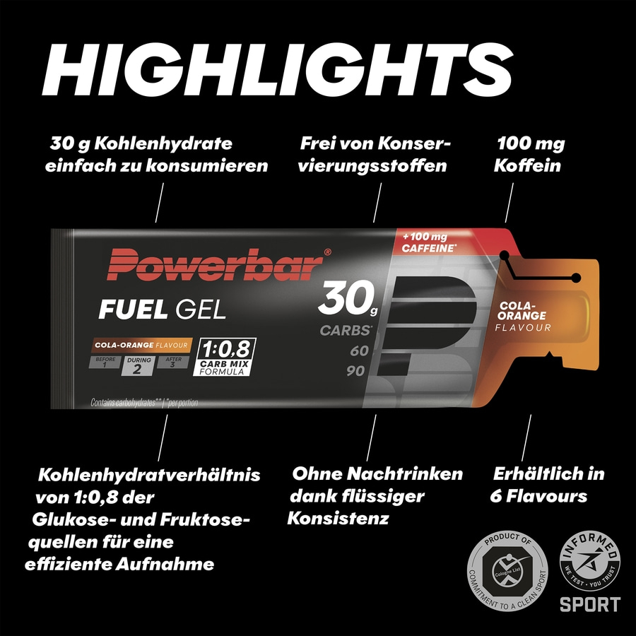 POWERBAR Kohlenhydratgel Fuel 30 Gel Black Line Cola-Orange Koffein 12 x 50 ml