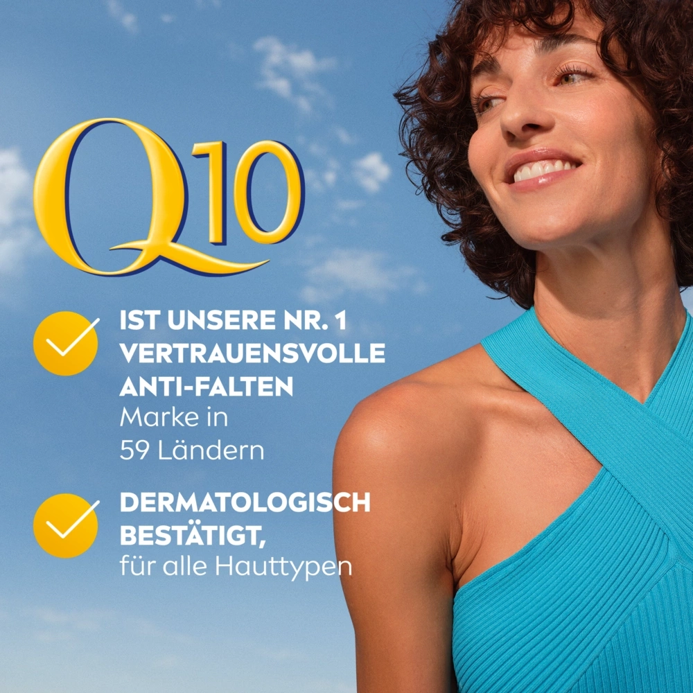 Frau mit Q10 Anti-Falten Marke, dermatologisch bestätigt für alle Hauttypen.