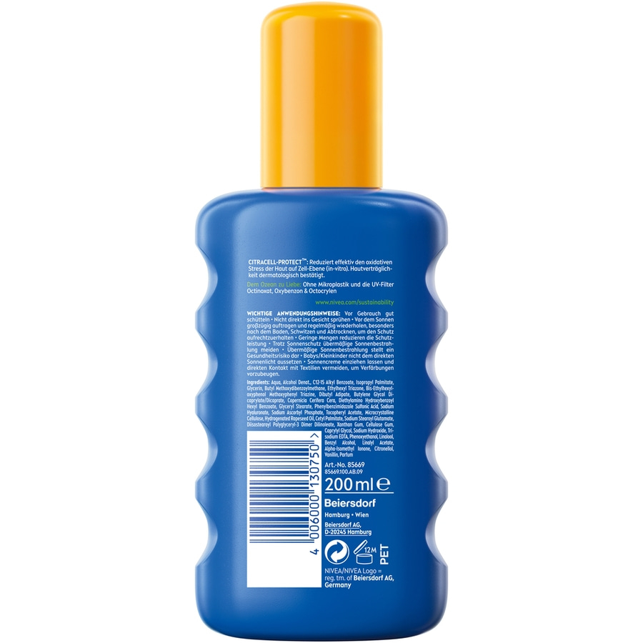 Nivea Sonnencreme Flasche mit Inhaltsstoffen und Anwendungshinweisen, 200ml