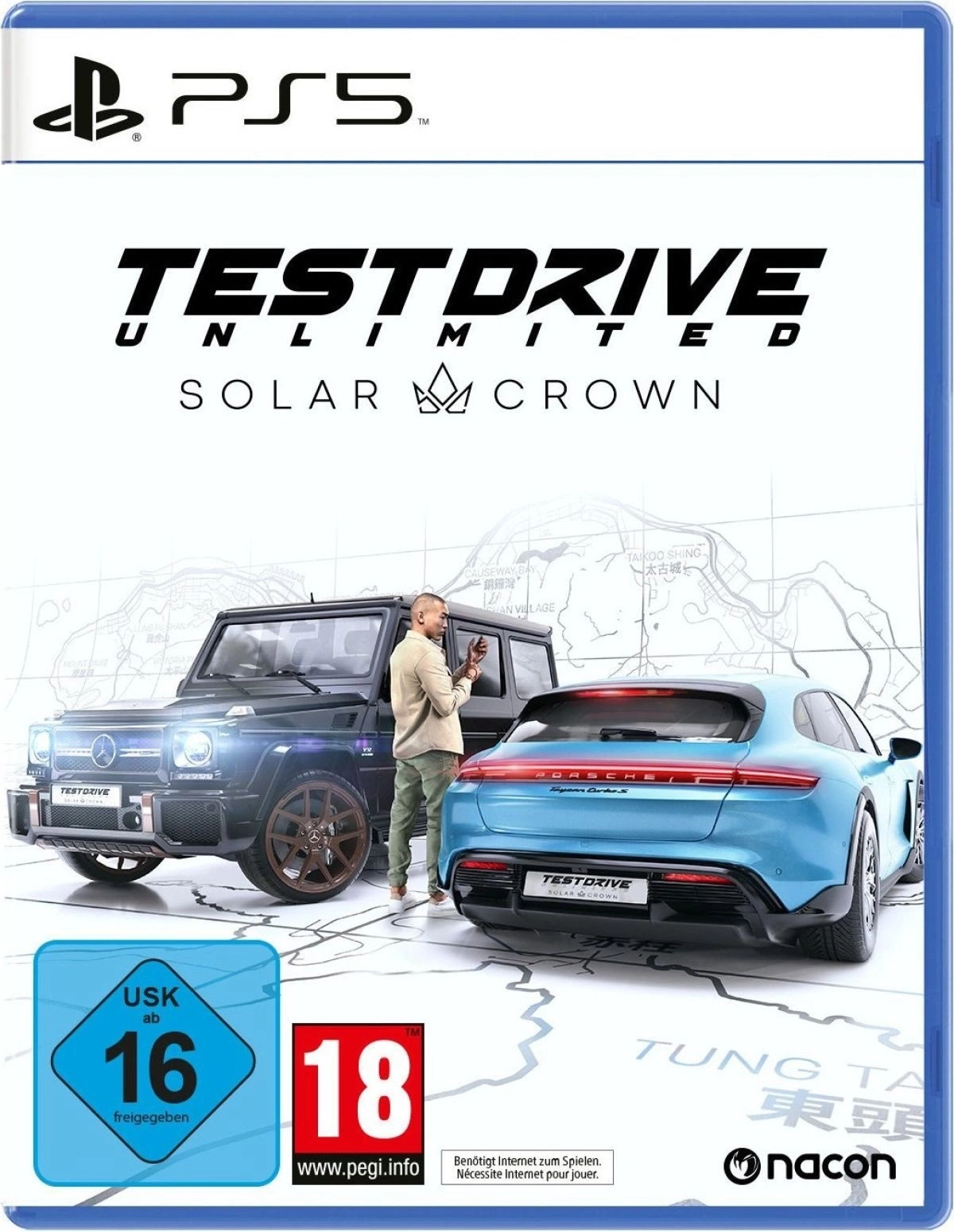 Das Cover des Spiels Test Drive Unlimited Solar Crown für PS5 mit zwei Autos und Altersfreigabe.