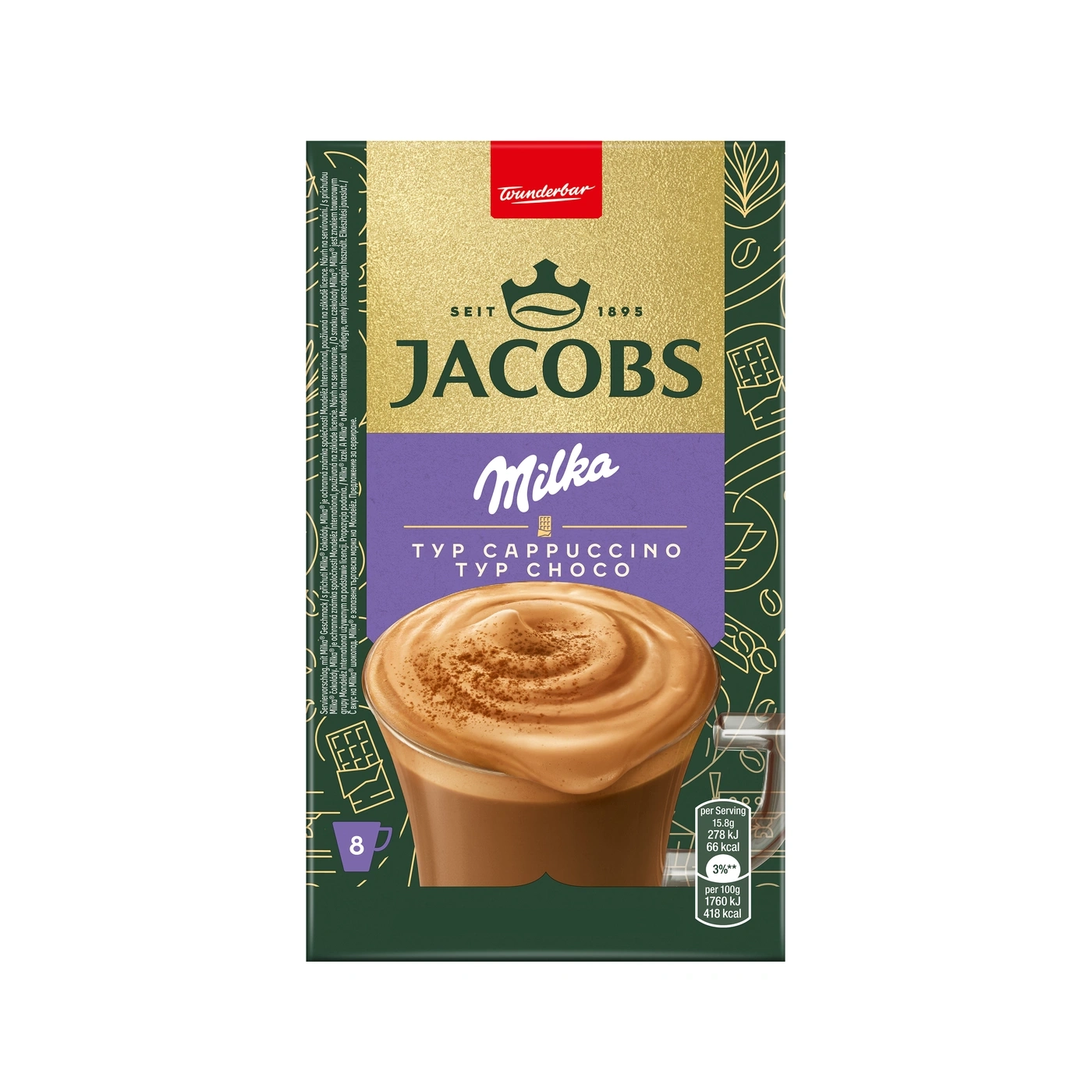 Jacobs Milka Typ Cappuccino Typ Choco Verpackung mit Kaffeeabbildung