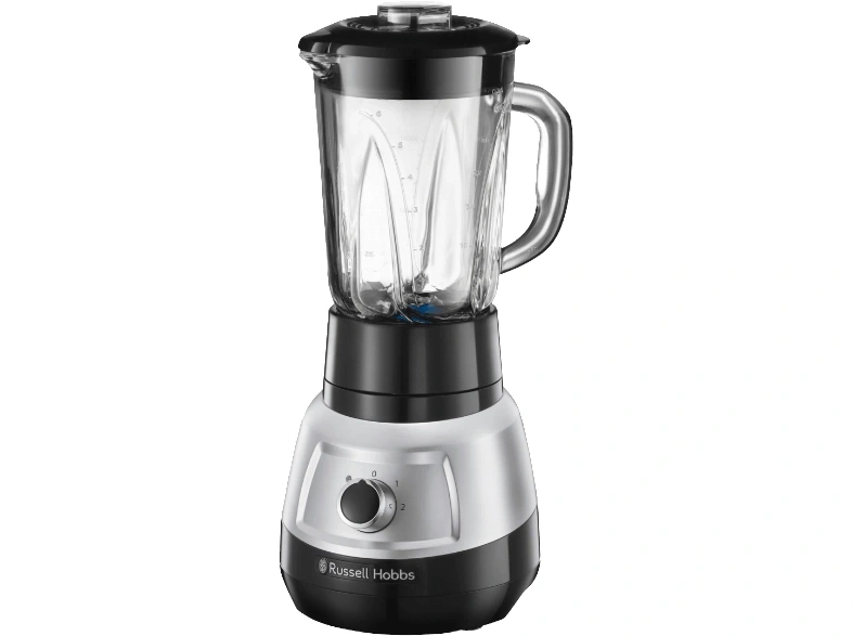 Ein silberner Russell Hobbs Mixer mit schwarzem Deckel und Griff.