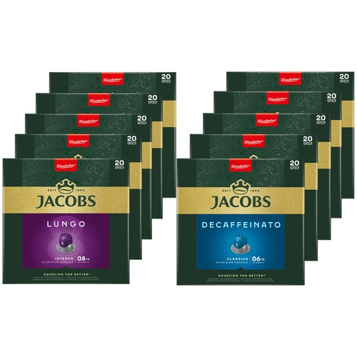 JACOBS Kapseln Nespresso®* kompatibel 5x20 Lungo 8 Intenso+ 5x20 Decaffeinato 6