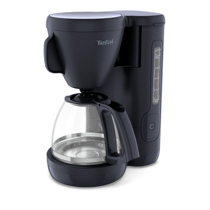 Eine schwarze Tefal Kaffeemaschine mit Glaskanne und Wasserstandsanzeige.