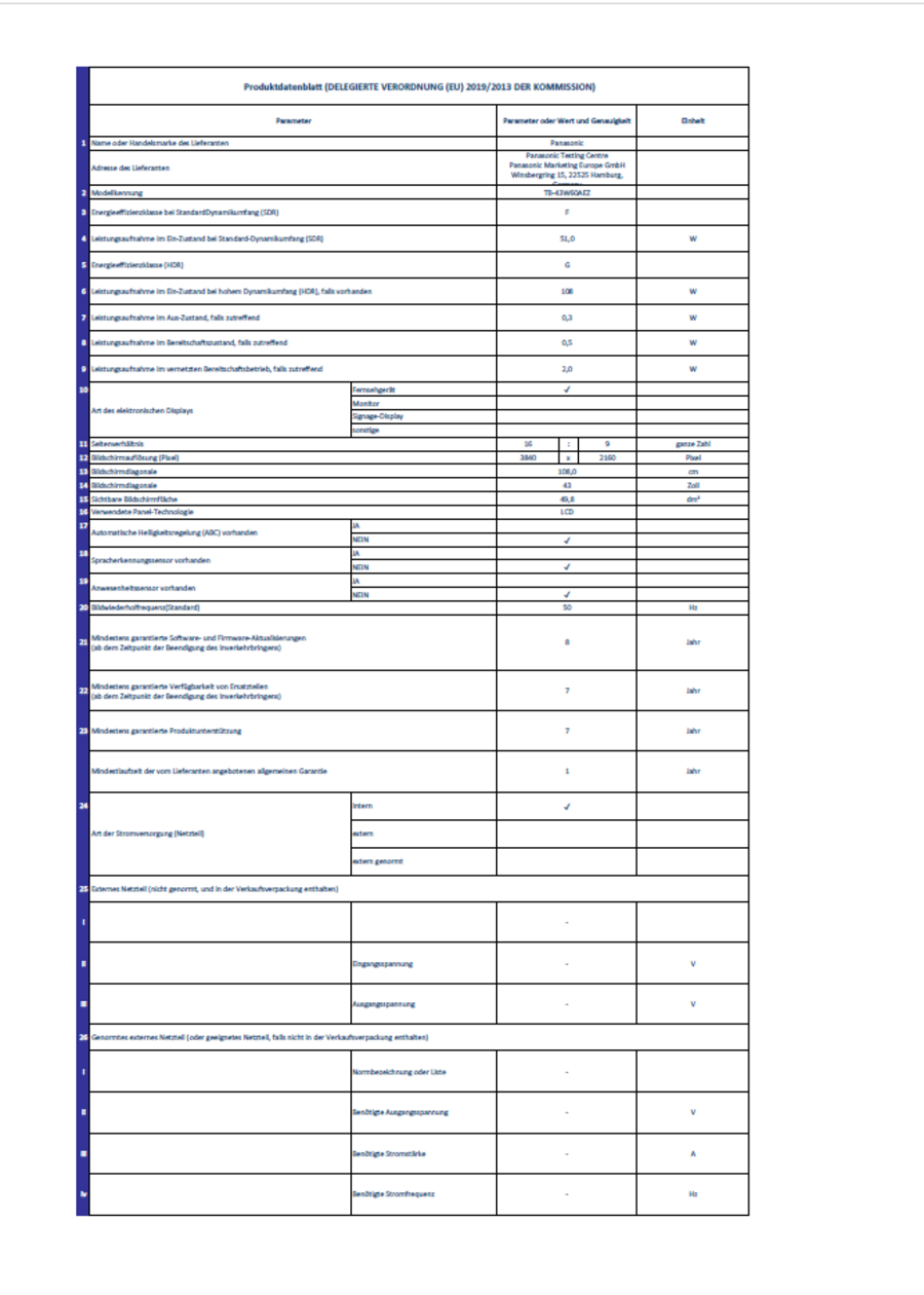 Produktdatenblatt mit technischen Parametern für elektronische Displays.
