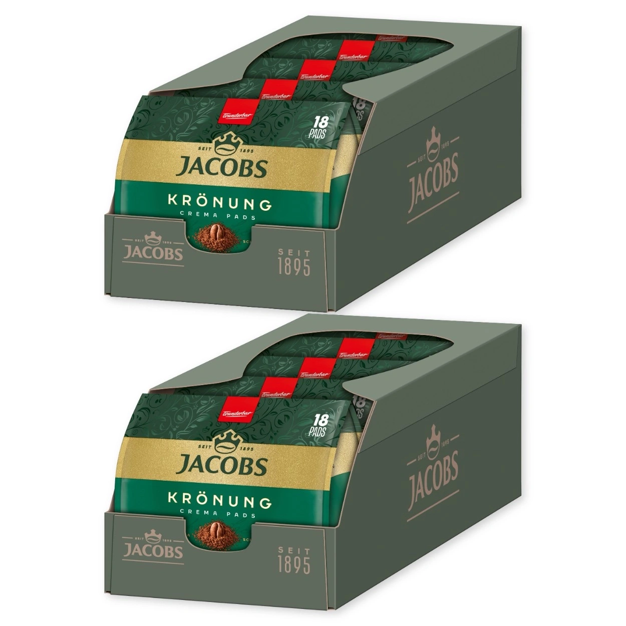 Zwei Packungen Jacobs Krönung Kaffeepads, gestapelt und frontal gezeigt.