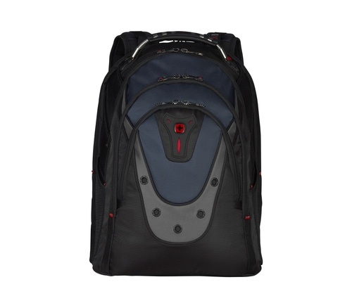 Schwarzer Rucksack mit blauen und grauen Akzenten, Schweizer Kreuz