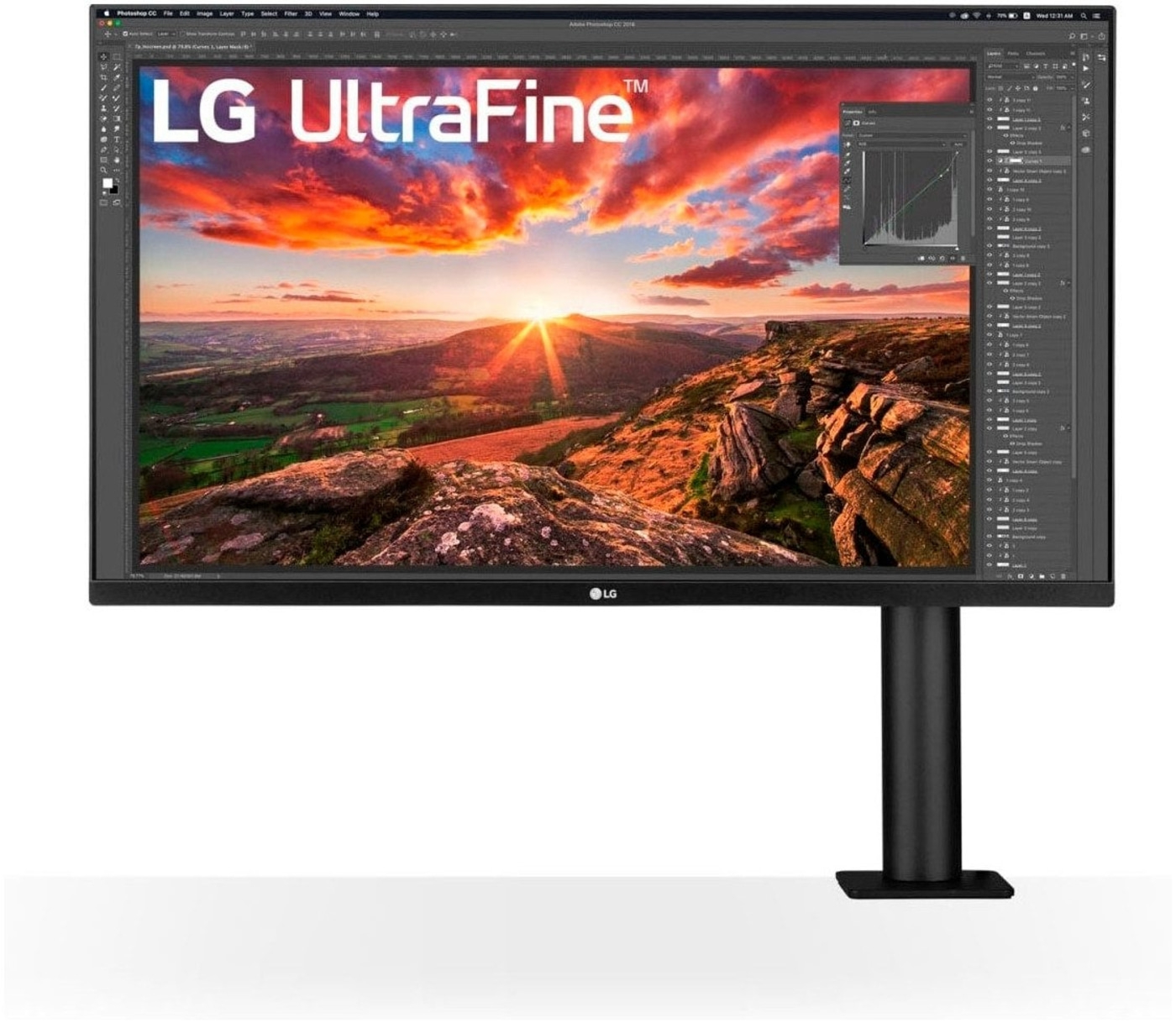 LG UltraFine Monitor mit Landschaftsbildschirm und Photoshop-Oberfläche