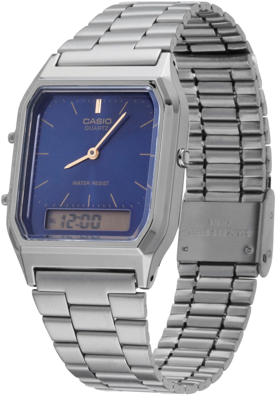 CASIO VINTAGE Armbanduhr AQ-230EGG-2AEF Quarz Chronograph 30 x 39 mm B-WARE Casio Uhr, blaues Zifferblatt, silbernes Armband, Digitalanzeige, Quarz, Wasserfest