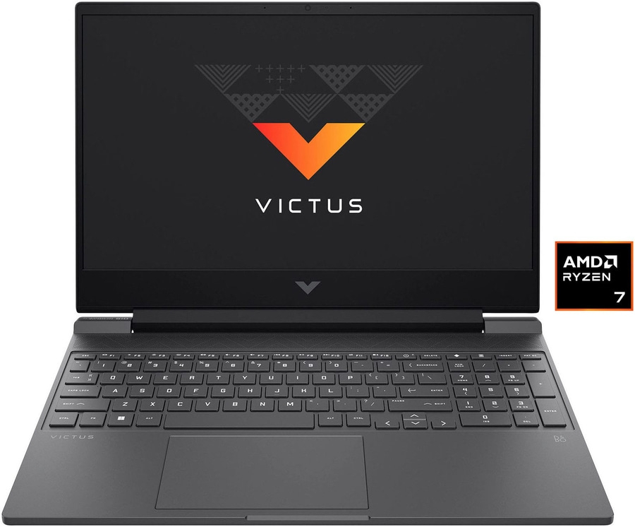 Ein schwarzer HP Victus Gaming Laptop mit AMD Ryzen 7 Prozessor und beleuchteter Tastatur.
