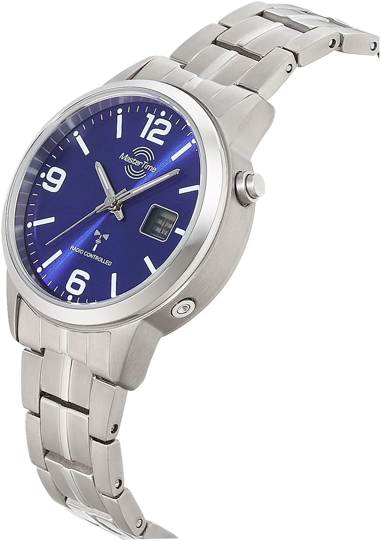 Armbanduhr mit blauem Zifferblatt und silbernem Armband