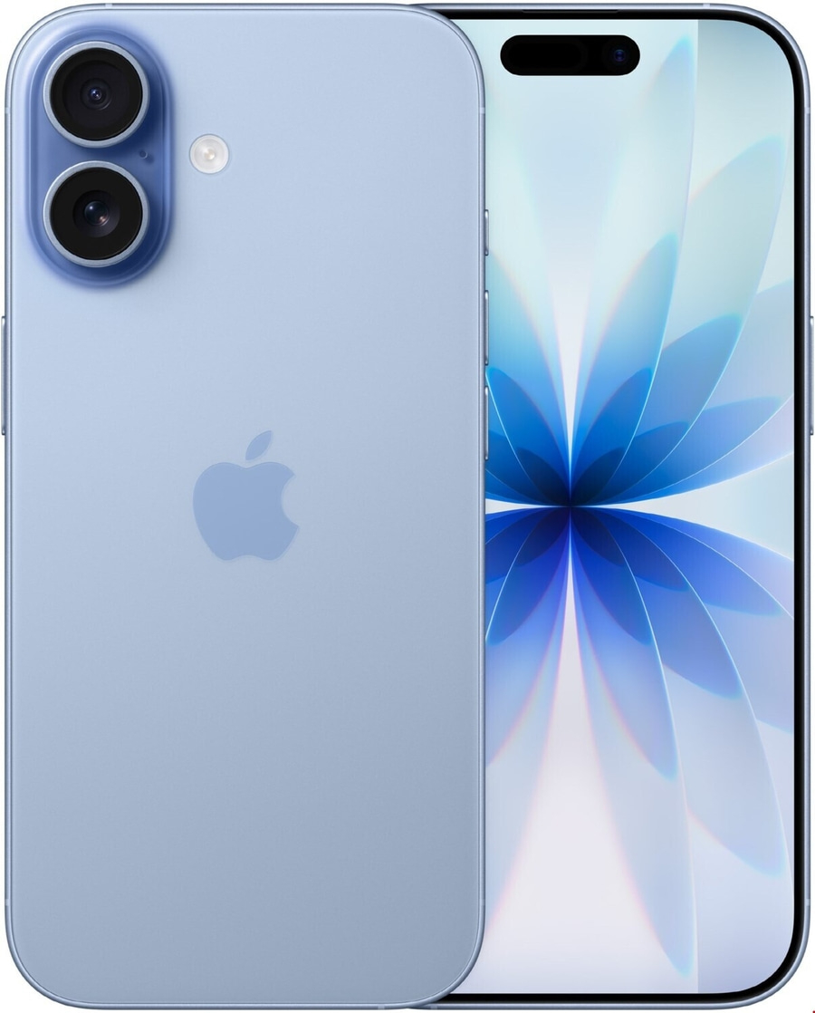 Ein hellblaues iPhone mit zwei Kameras auf der Rückseite und einem blauen Hintergrundbild auf dem Bildschirm.