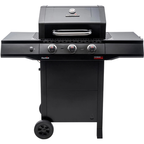 Schwarzer Gasgrill mit drei Knöpfen und Rädern, Char-Broil Performance