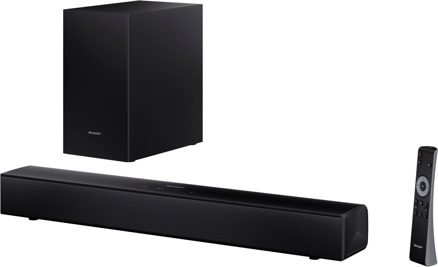 Schwarze Sharp Soundbar mit Subwoofer und Fernbedienung.