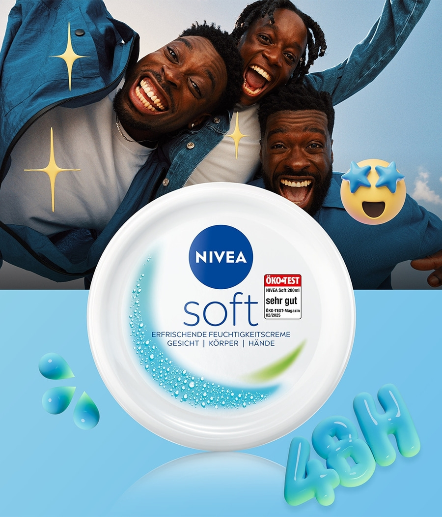 Nivea Soft Creme mit drei lächelnden Männern und 48H-Aufschrift.