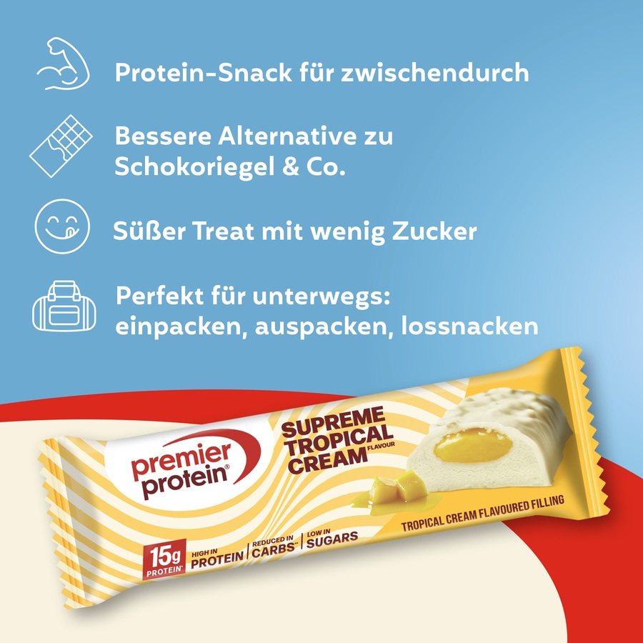 Premier Protein Riegel "Supreme Tropical Cream" mit wichtigen Nährwertangaben und Icons.