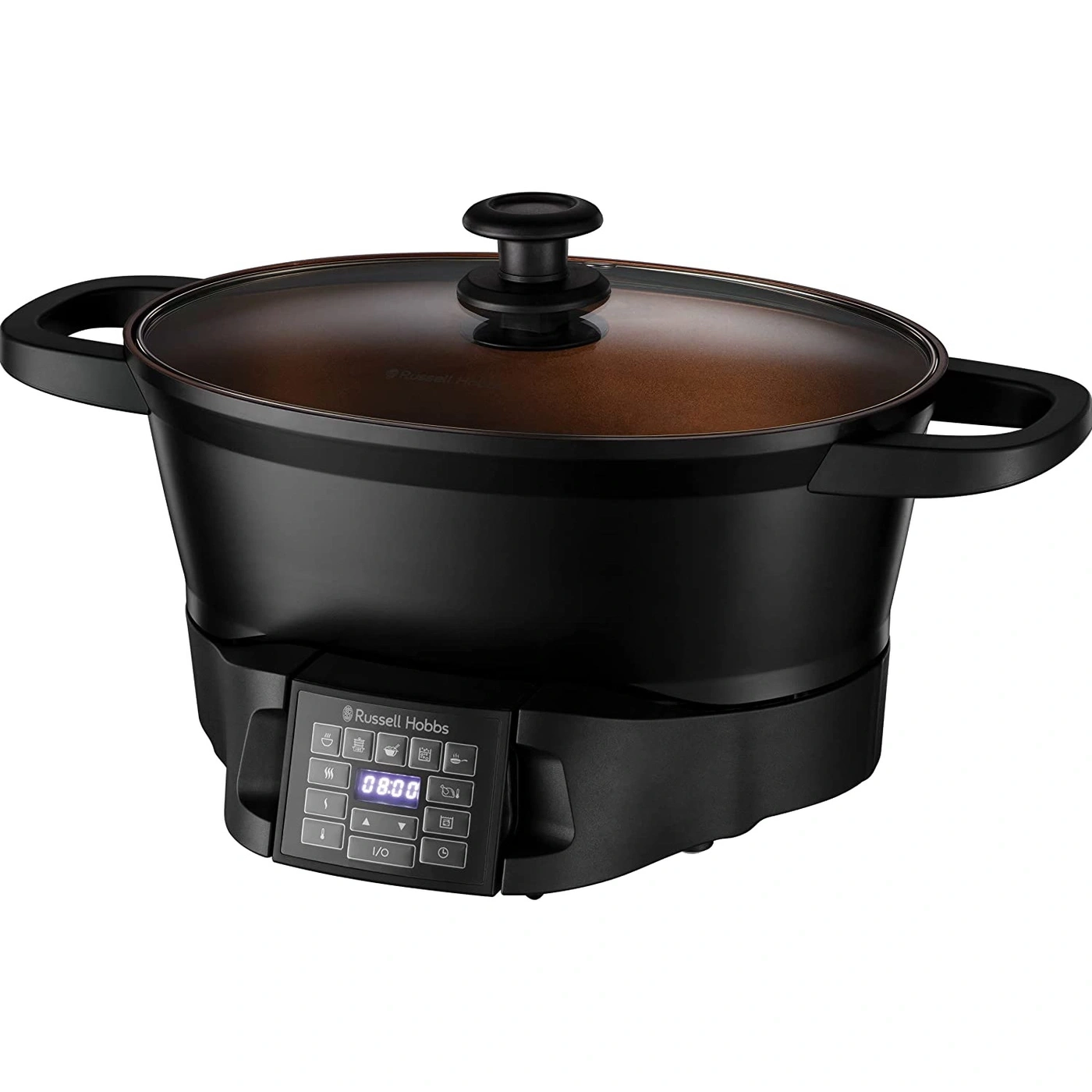 Ein schwarzer Russell Hobbs Slow Cooker mit Glasdeckel und Digitalanzeige.