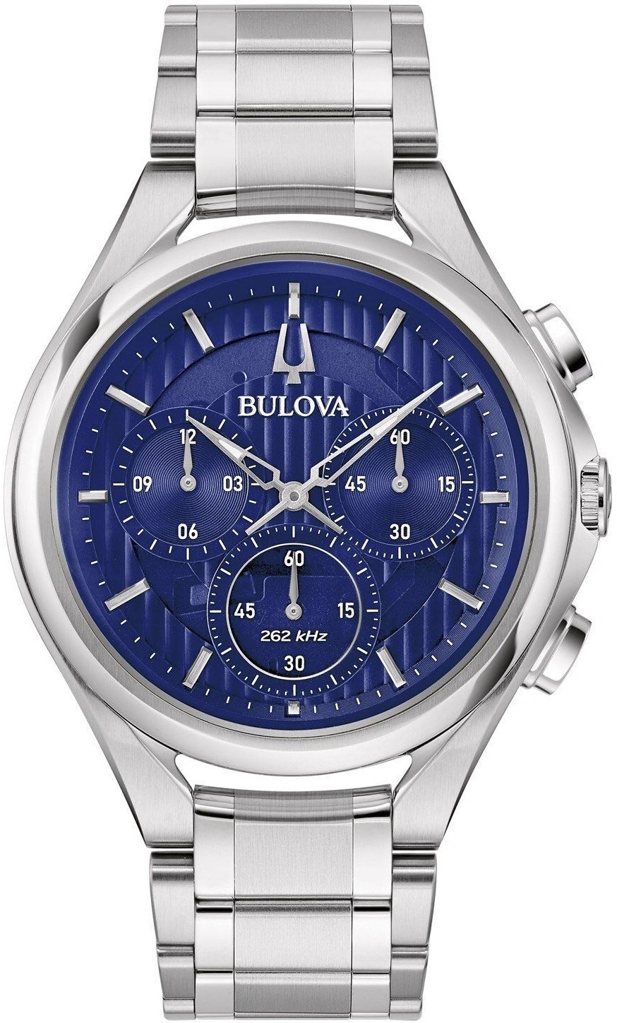 Bulova-Uhr mit blauem Zifferblatt und silbernem Armband, Chronograph-Design.