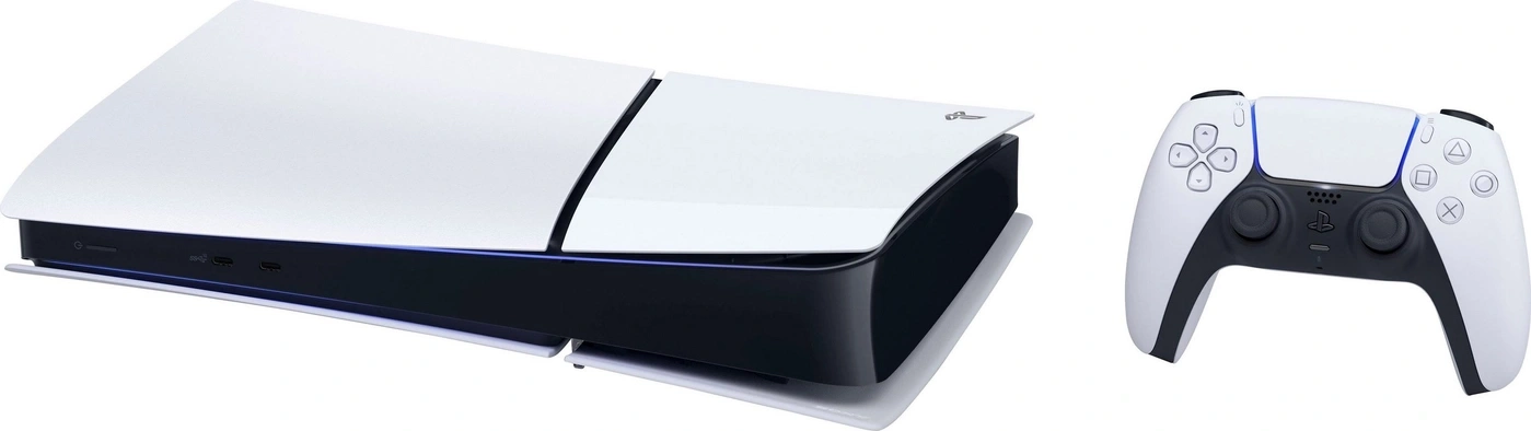 Eine PlayStation 5 Konsole und ein DualSense Controller auf weißem Hintergrund.
