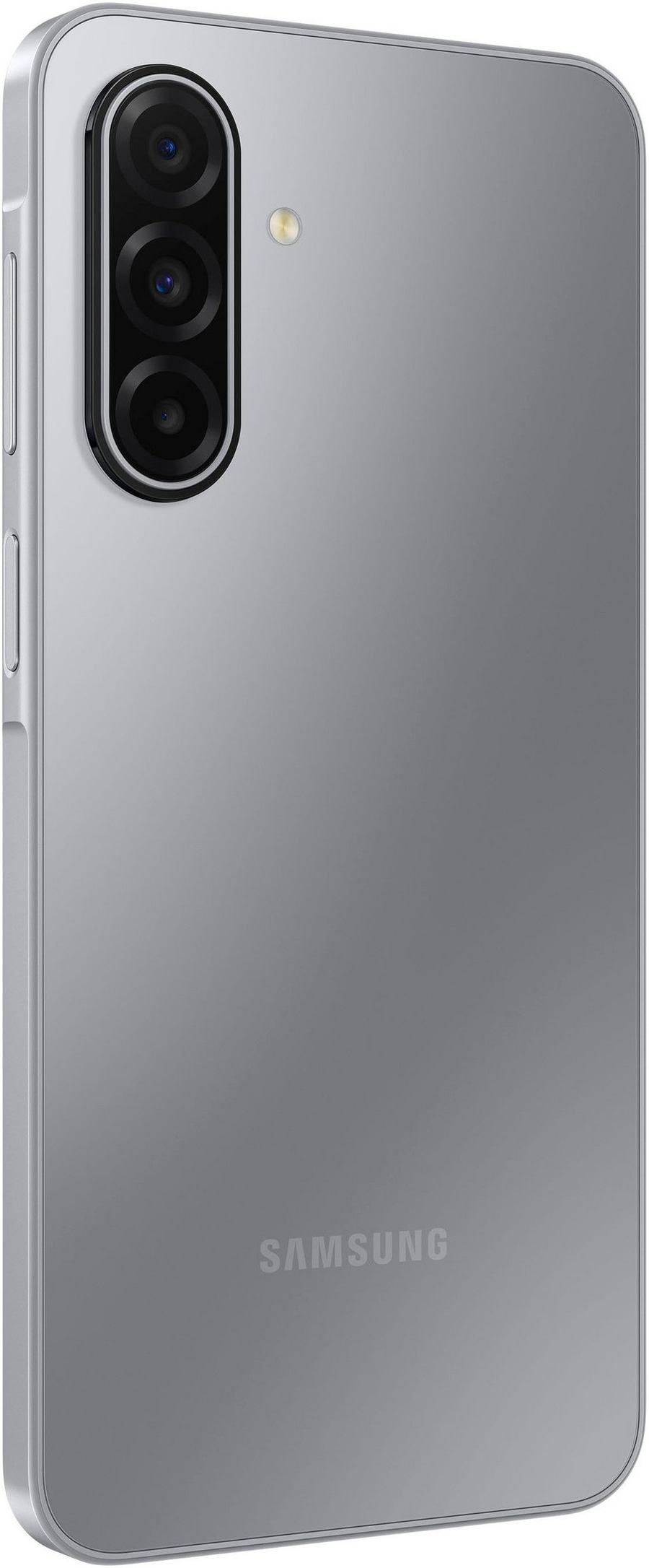 Rückseite eines silbernen Samsung Smartphones mit drei Kameras.