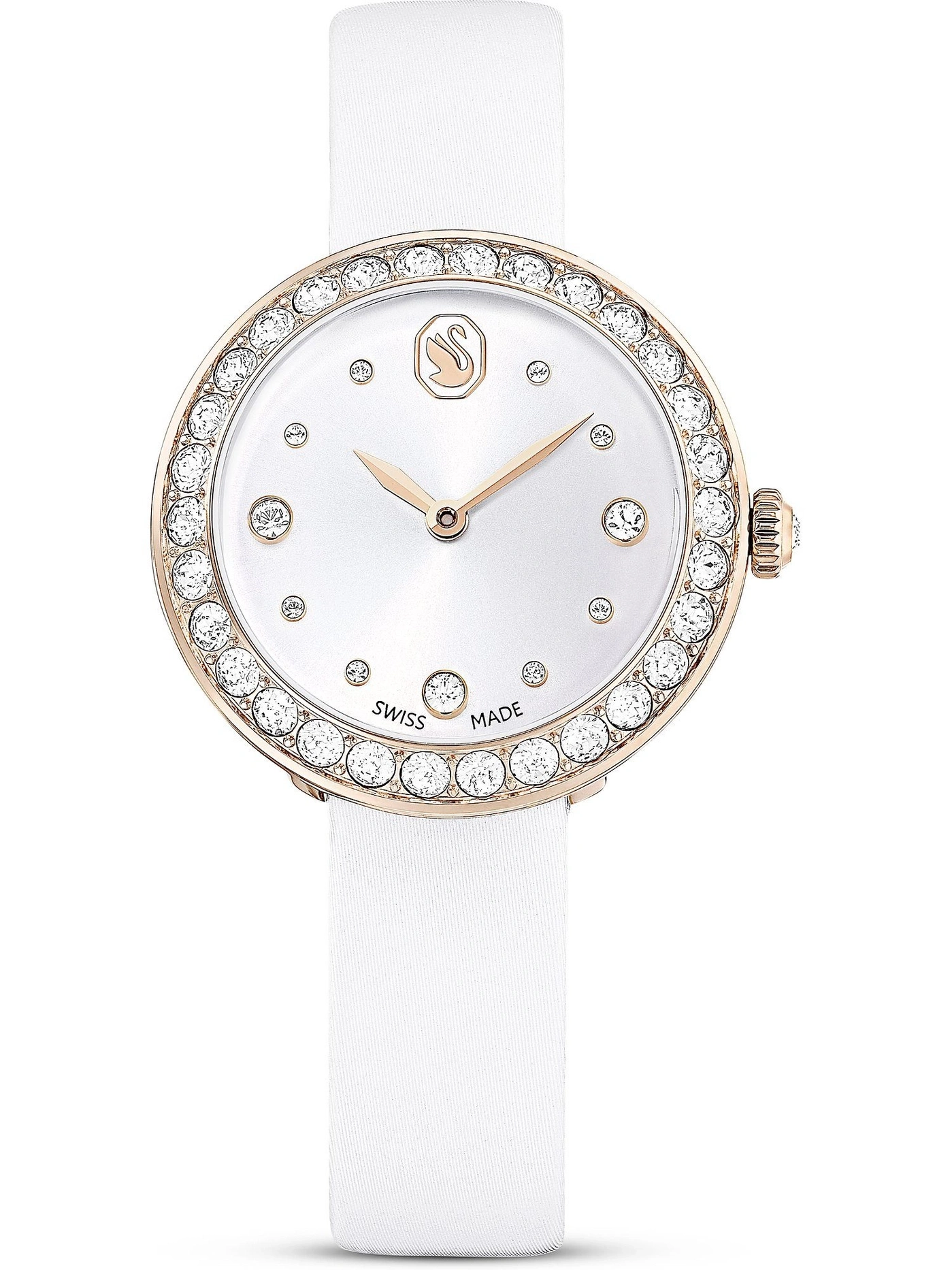 Weiße Swarovski-Uhr mit goldenem Rand und Kristallen.