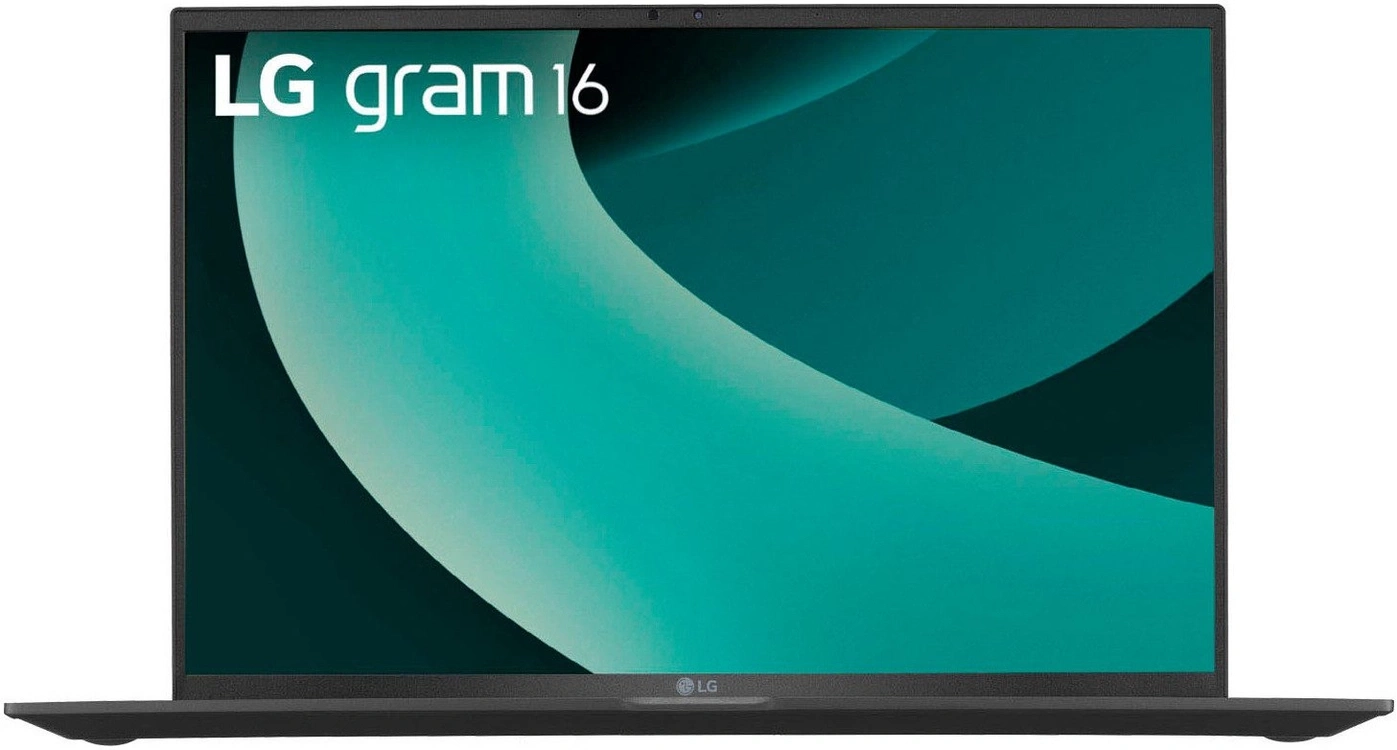 Ein offener LG Gram 16 Laptop mit einem tealfarbenen Hintergrundbild und dem LG-Logo.