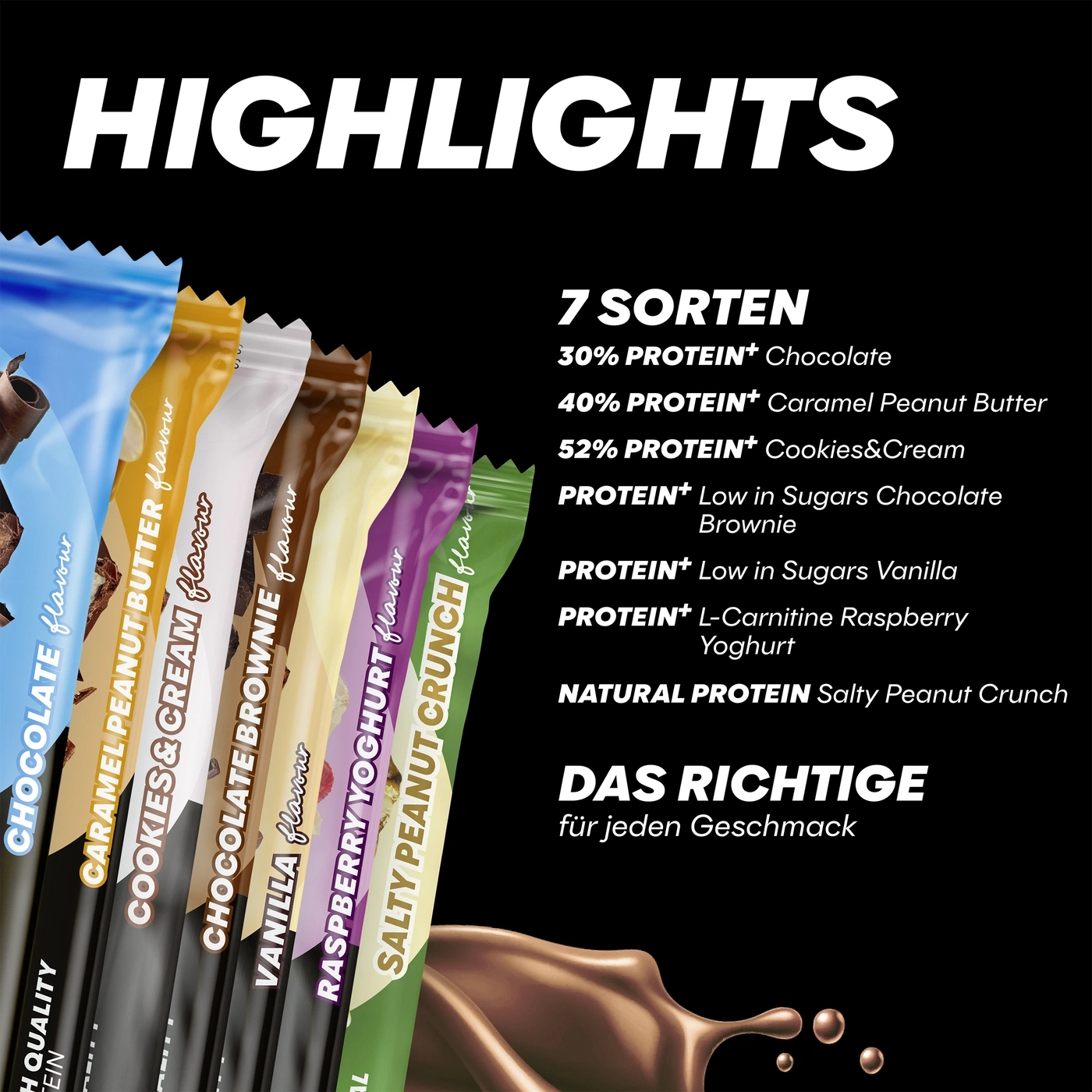 Proteinriegel in verschiedenen Geschmacksrichtungen mit Aufschrift "Highlights"