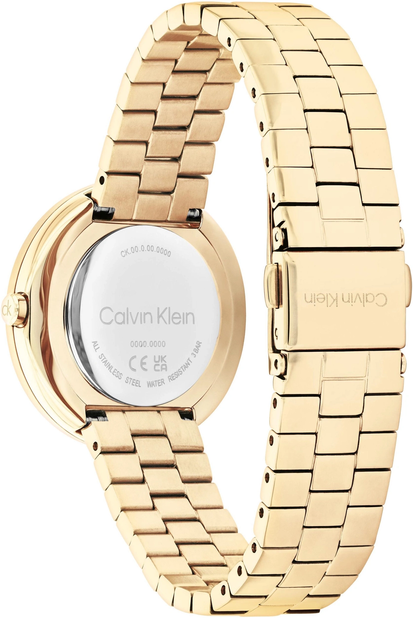 Goldene Calvin Klein Uhr mit Armband und Gehäuseboden mit Gravur. Wasserdicht bis 3 Bar.