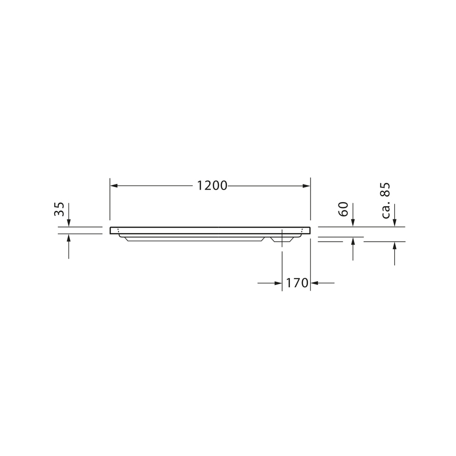Abmessungen einer rechteckigen Platte: 1200x60x35mm, ca. 85mm hoch, 170mm breit.