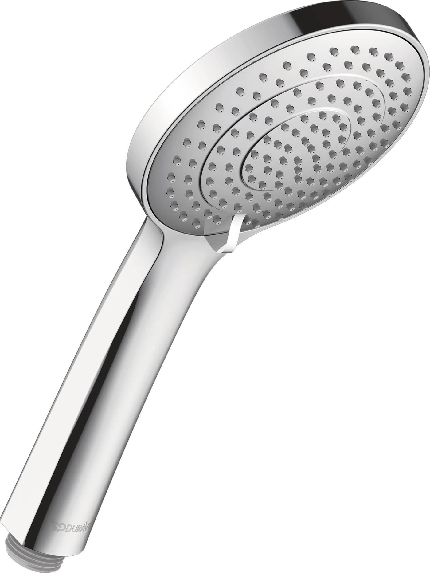 Eine glänzende Chrom-Handbrause mit vielen kleinen Wasserstrahlöffnungen.