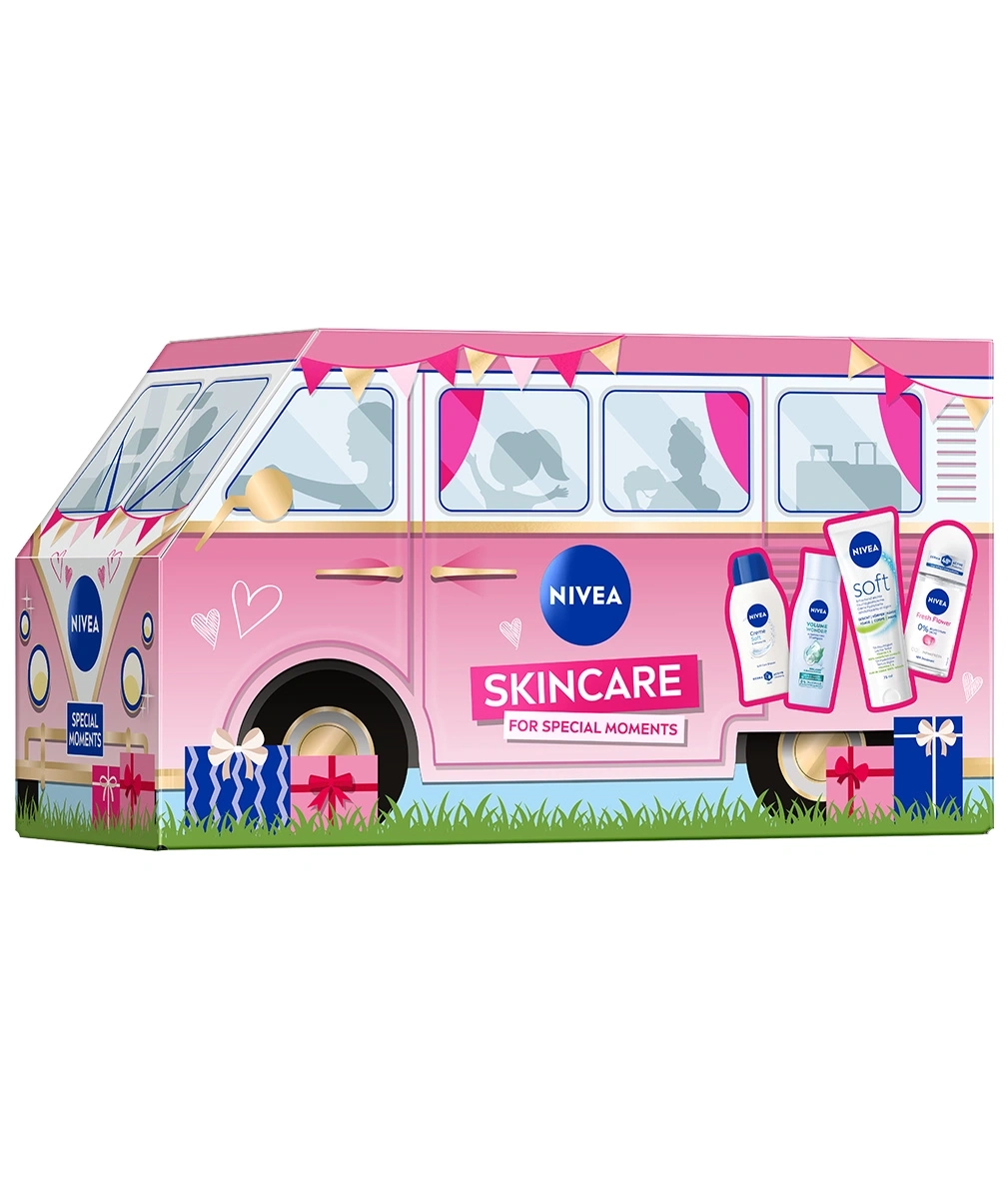 Ein rosa Nivea Van mit Skincare-Produkten und Geschenken