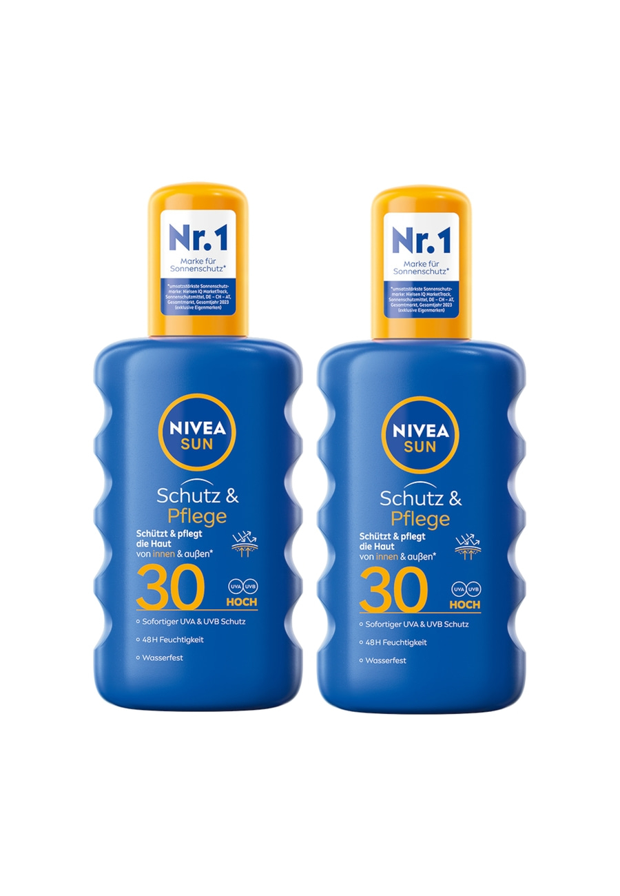 Zwei blaue Nivea Sun Sonnencreme-Flaschen mit Schutzfaktor 30 und hoher UVA/UVB-Schutz.