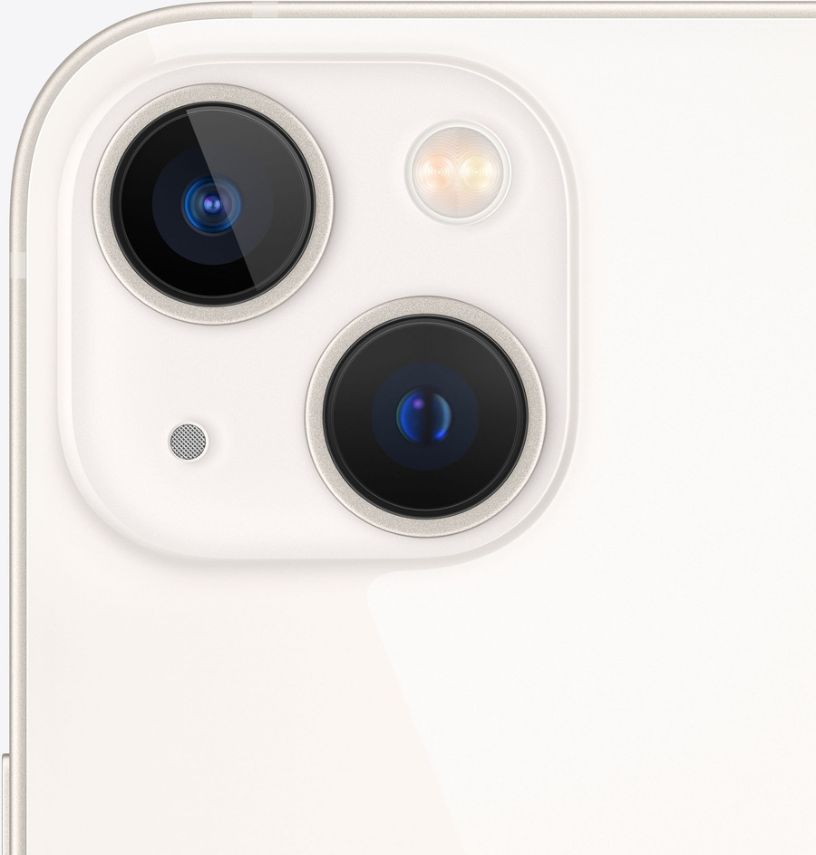 Nahaufnahme der Kamera eines weißen Smartphones mit zwei Objektiven und einem Blitz.