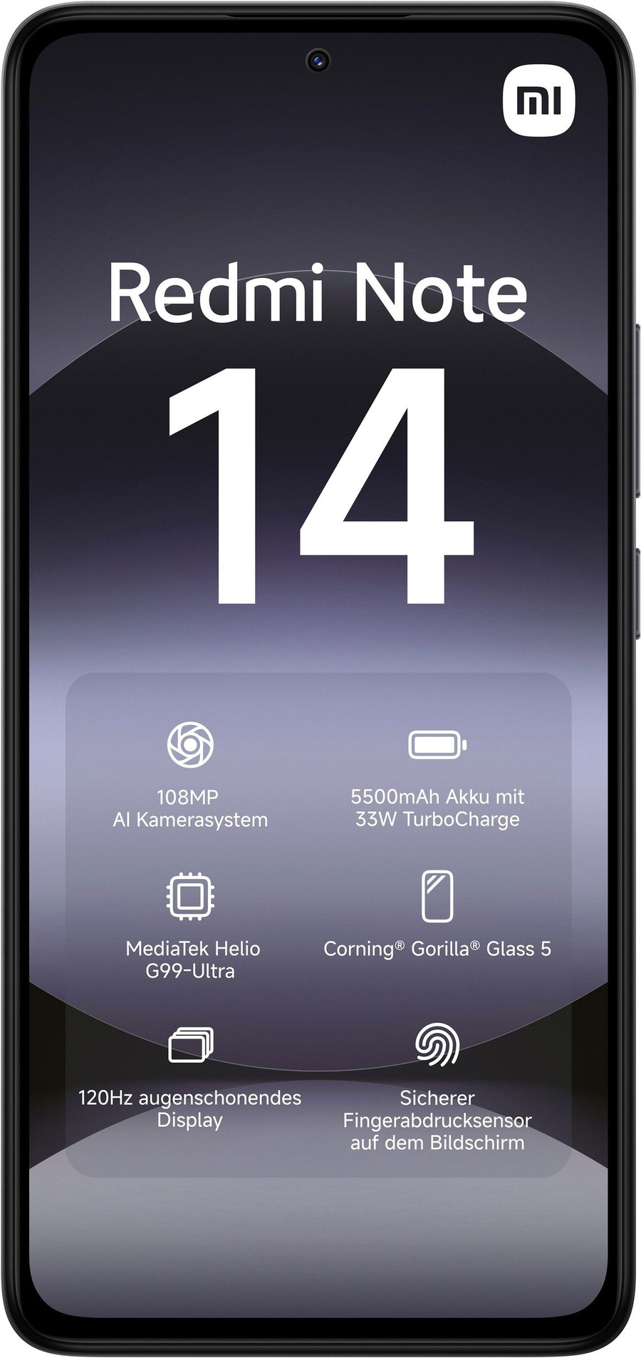 Redmi Note 14 Smartphone mit 108MP Kamera, 120Hz Display und Fingerabdrucksensor.