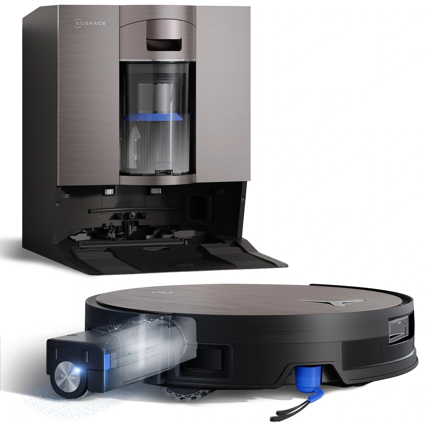 Ein Saugroboter mit Ladestation und Wassertank