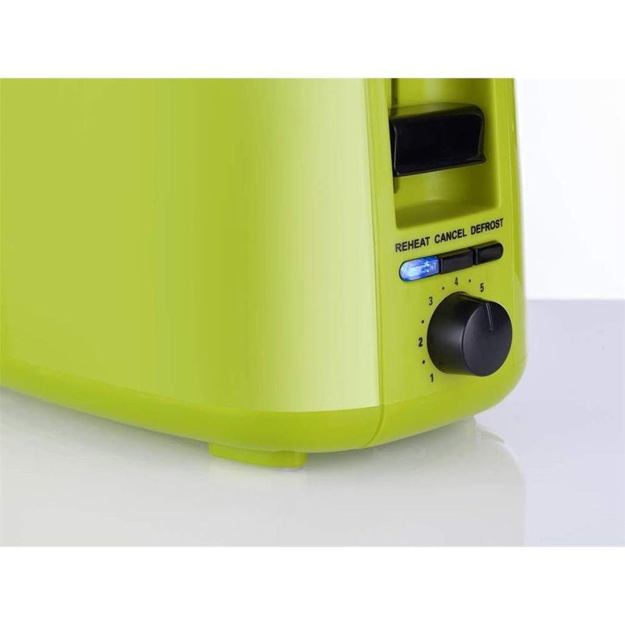Grüner Toaster mit Drehregler und Tasten für Auftauen, Aufwärmen und Abbrechen.