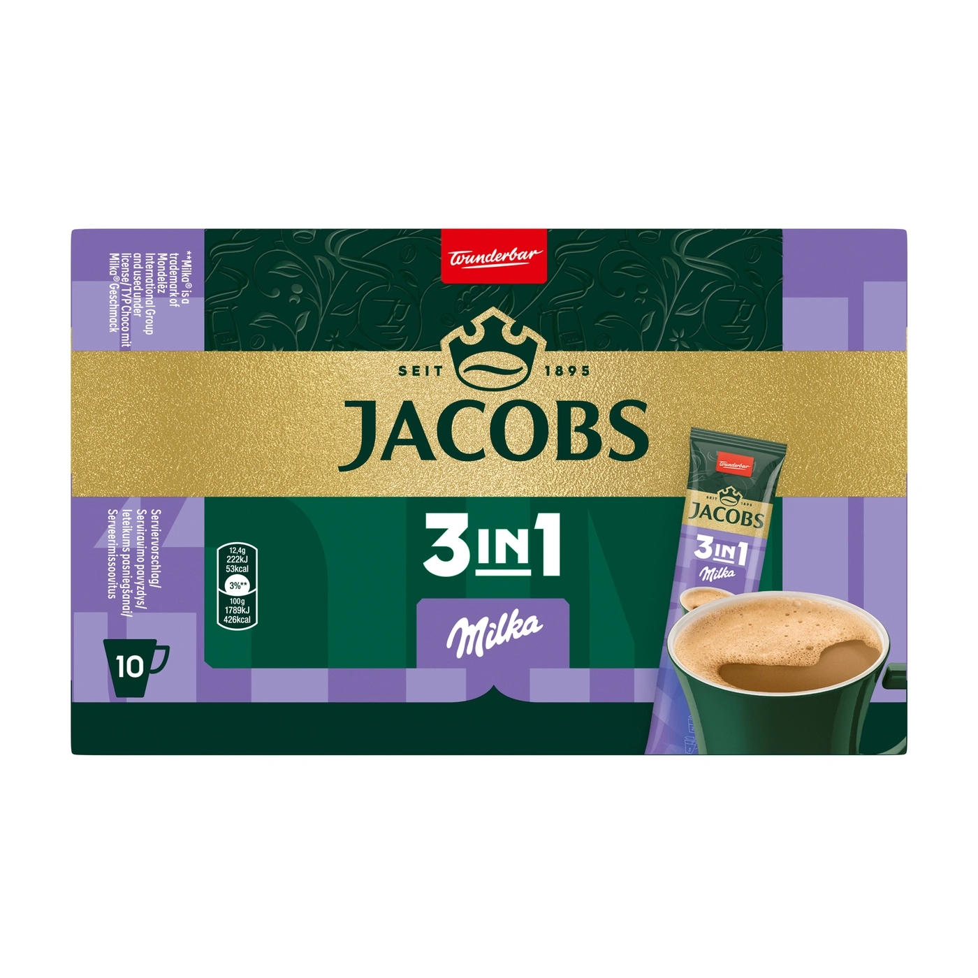 Jacobs 3in1 Milka Kaffee mit 10 Beutel und Zubereitungshinweisen.