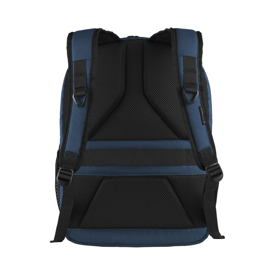Blauer Rucksack mit schwarzem Netzstoff und Trägern, Rückansicht, isoliert