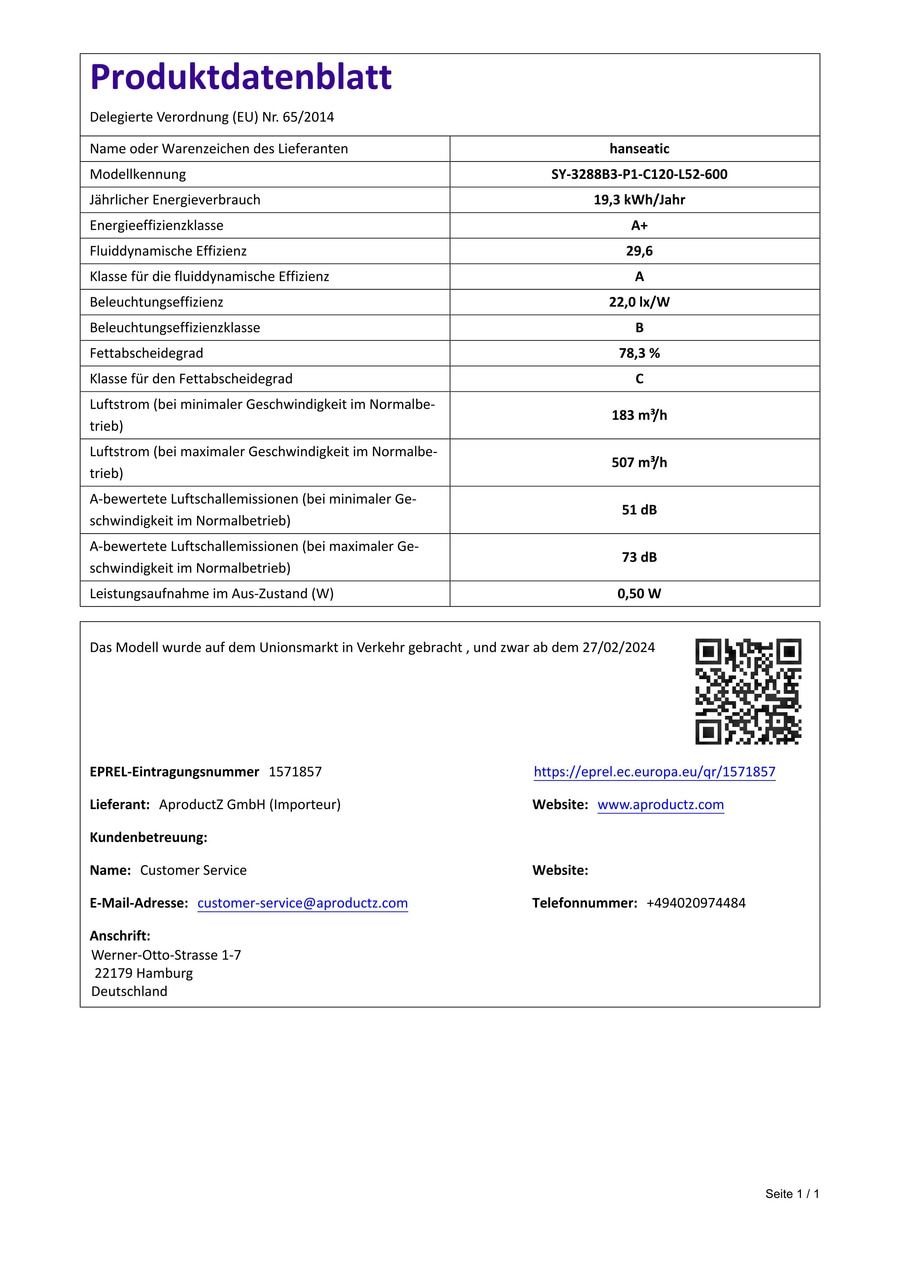 Produktdatenblatt mit technischen Details und Kontaktdaten des Herstellers.