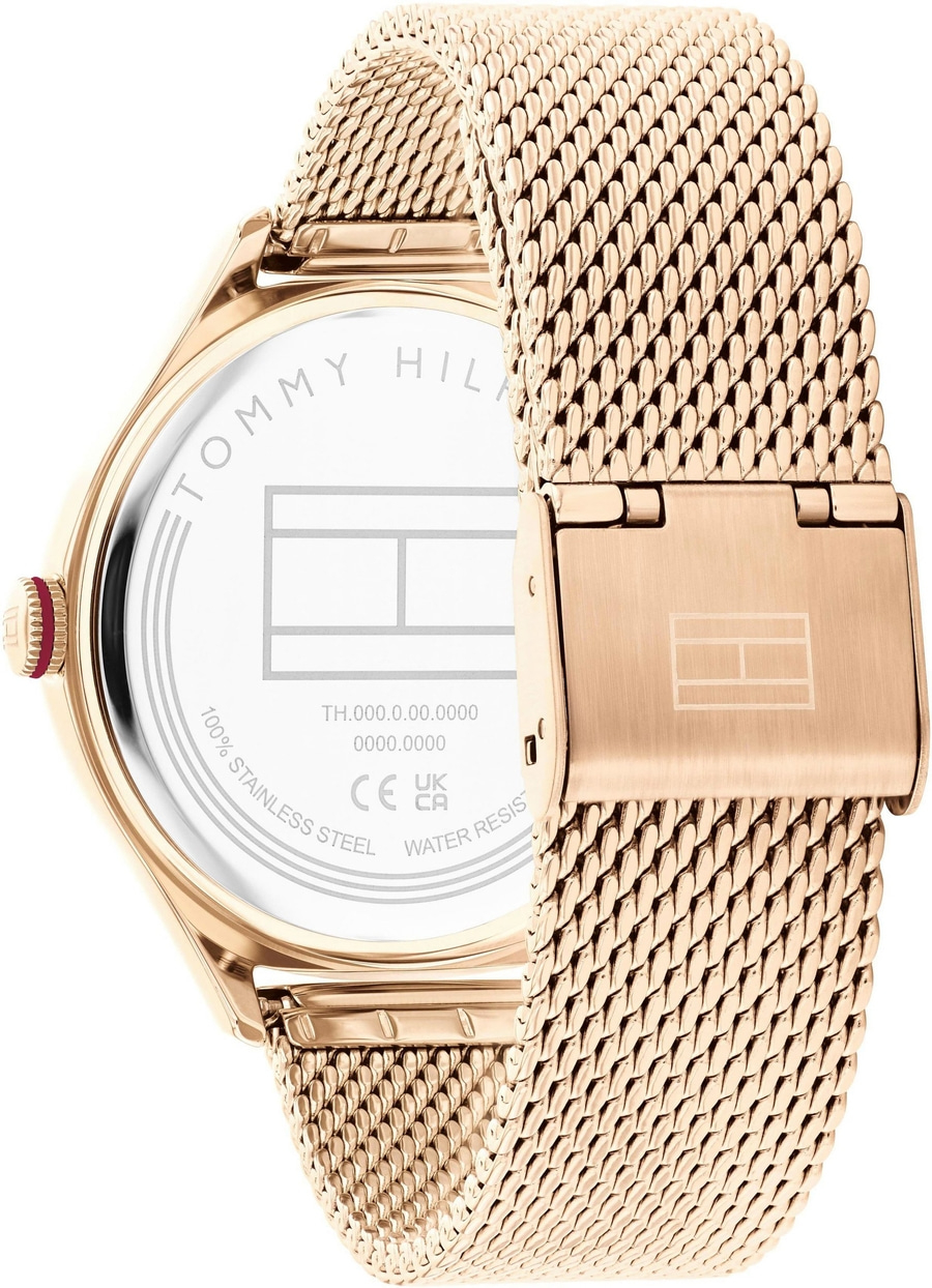 Goldene Tommy Hilfiger Uhr mit Mesh-Armband, Detailaufnahme, Nahaufnahme, Schmuck