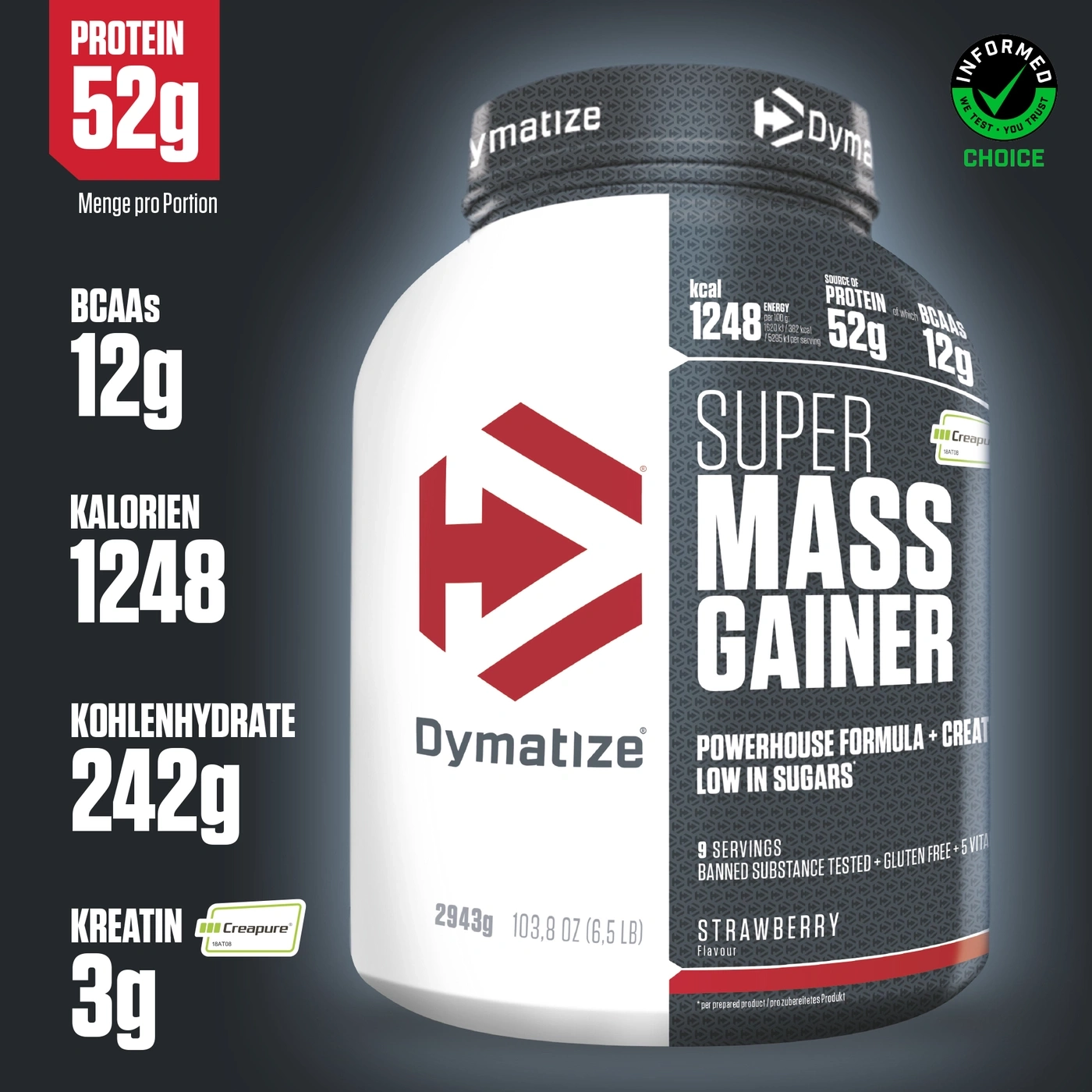 Dymatize Super Mass Gainer, Erdbeergeschmack, Protein 52g, Kalorien 1248, Kohlenhydrate 242g